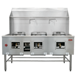 Omcan Three Chamber Wok Range with Two 13″ Ring & One 16″ Ring Backsplash Faucet 315000 BTU – Natural Gas