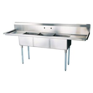 EFI 24″ x 24″ x 14″ Corner Drain Three Compartment Sink With Two Drain Boards