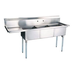 EFI 24″ x 24″ x 14″ Corner Drain Three Compartment Sink With Left Drain Board