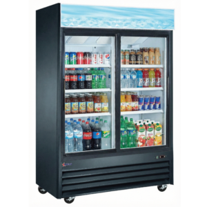 53'' Omcan 2 Door Sliding Glass Door Refrigerator, 45 Cu.Ft Black